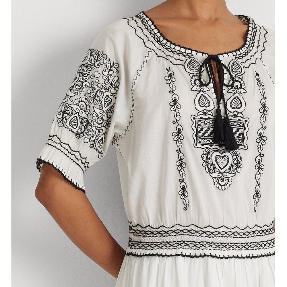 NWT Lauren Ralph Lauren Embroidered Voile Cotton Dress Boho Smocked 16 $225